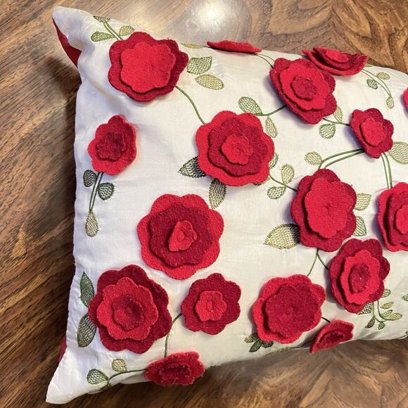 Pier 1 One Imports Throw Pillow Down Red Rose Felt Decor 3D Floral Cherry Red - Picture 2 of 11